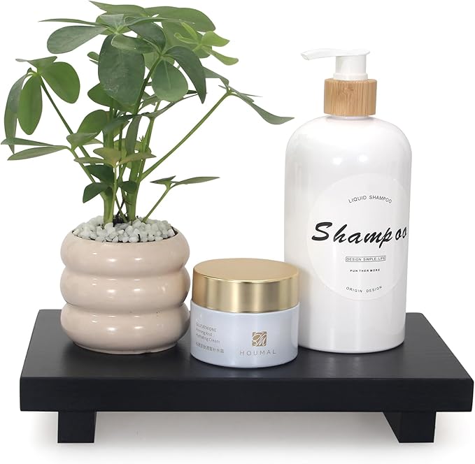 Black Bathroom Vanity Counter Tray Decor Farmhouse Wood Risers Kitchen Soap Sink Tray for Countertop Decorative Hand Soap Dispenser Holder Wooden Pedestal Stand Modern Bathroom Organizer Accessories