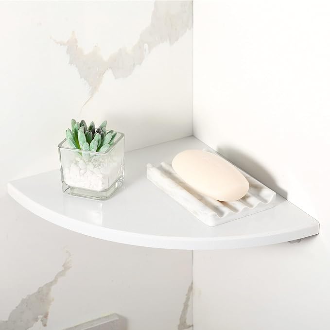 Koville White Natural Marble Corner Shelf, Wall Mounting Corner Shelf Organizers Storage for Bathroom Kitchen, Polished Marble Surface Wall Mounted Stone Shower Caddy for Bath