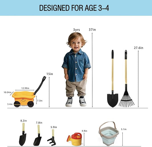 Kids Wagon with Beach and Garden Tools Set, Kids Shovel for Digging, Rake, 8PCS Gardening Outdoor Toys for Ages 3-4