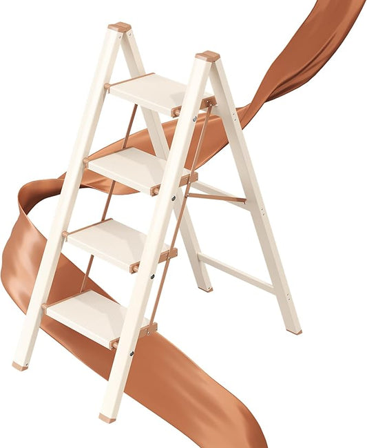 GameGem 4 Step Ladder, Folding Step Stool with Wider Pedal, Anti-Slip Feet & Non Slip Stripes, Aluminum Sturdy Material, 300Lbs Capacity, Elegant Look of Cream Chocolate Better Matches Your Home