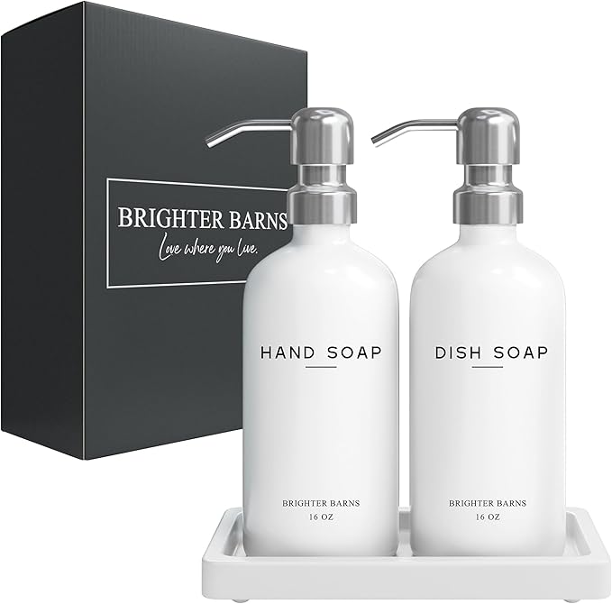 White Glass Hand and Dish Soap Dispenser Set by Brighter Barns - Kitchen Soap Dispenser Set with Tray & Pump for Office, Hotel, Vacation Rental, Airbnb - Modern Kitchen Decor & Accessories (White)