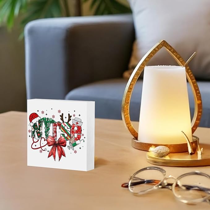 Red Bow Christmas Nurse Wooden Box Sign, Nurses Gifts for Christmas, Holiday Winter Xmas Nurse Wood Block Plaque Signs for Nursing Office School Home Desk Table Shelf Decor, 5x5 Inch