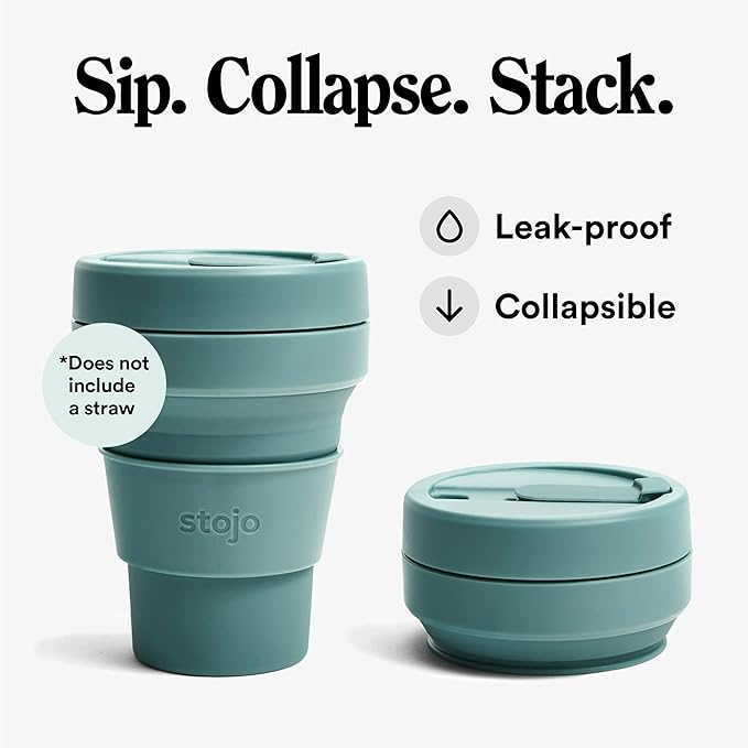 STOJO Collapsible Travel Cup - Reusable To-Go Pocket Size Silicone Bottle for Hot and Cold Drinks - Perfect for Camping - Microwave & Dishwasher Safe (Eucalyptus, 12 Ounce (Pack of 1) - No Straw)