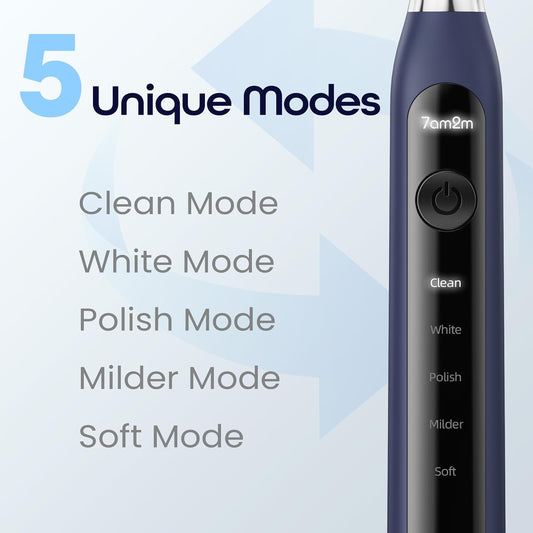 7AM2M Sonic Electric Toothbrush for Adults High Power Rechargeable Toothbrushes with 6 Brush Heads,5 Adjustable Modes, Built-in 2-Minute Smart Timer,3 Hours F Blue