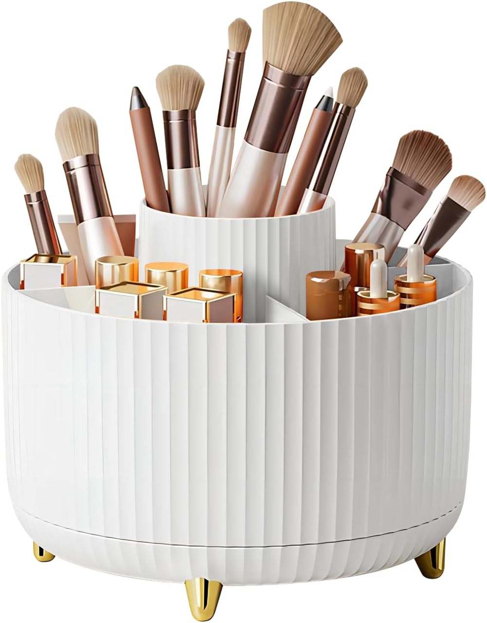 DASITON Large Capacity Makeup Brush Holder,360° Rotating Makeup Organizer,5 Slot Makeup Brushes Cup,for Vanity Decor,Bathroom Countertops,Desk Storage Container,Cosmetic Display cases(White)