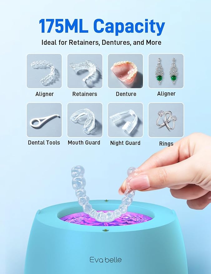 Ultrasonic Retainer Cleaner, EVA BELLE Denture Retainer Cleaner Machine, Tooth Cleaner for Oral Dental Care, Portable Rechargeable Dental Cleaning Pod for Night Guards, Braces, Aligner, Jewelry