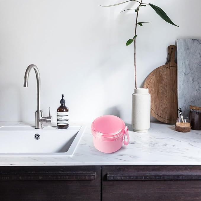 Leak Proof Travel Denture Bath Case for Full Dentures, Denture Cups for Soaking Dentures, Denture Container Cups with Brush for Dentures, Aligner, Retainers, Mouth Guard (Pink)