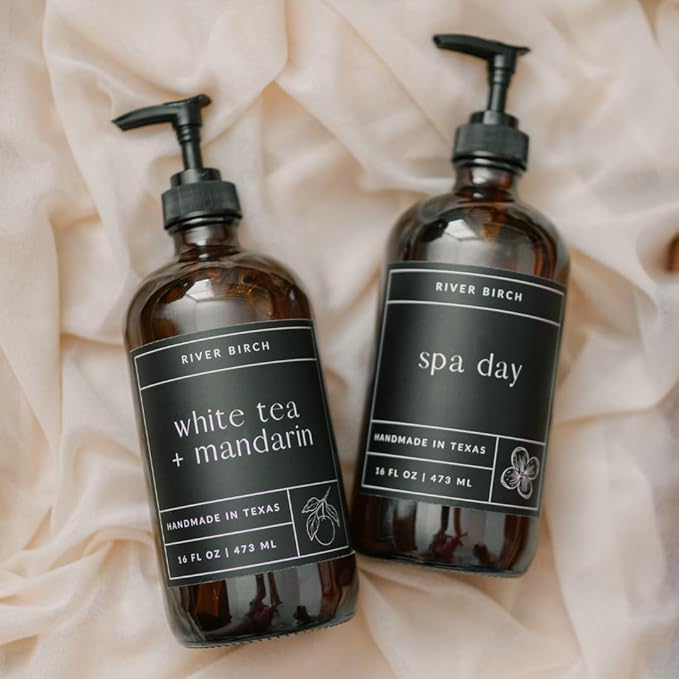 River Birch Palo Santo Scented Natural Hand Soap - Handmade Soap - Moisturizing Hand Wash with Amber Glass Dispenser - Luxury Scented Hydrating Hand Soap - Vegan and Non-Toxic - 16 Fl Oz