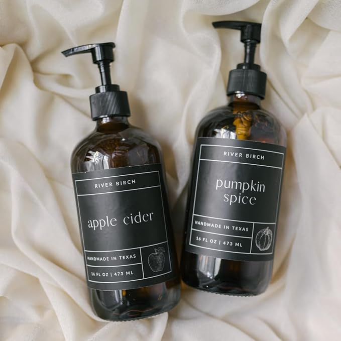 River Birch Pumpkin Spice Scented Natural Hand Soap -Handmade Soap -Moisturizing Hand Wash with Amber Glass Dispenser - Luxury Scented Hydrating Hand Soap - Vegan and Non-Toxic -16 Fl Oz