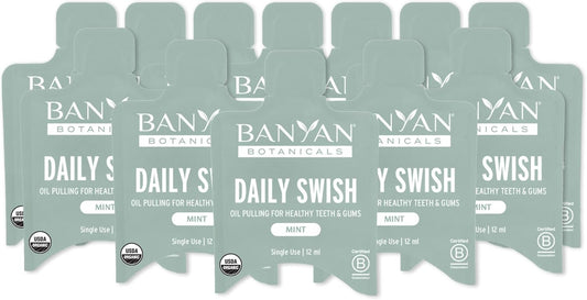 Banyan Botanicals Organic Daily Swish Mint Travel Packets - 12 ct - Ayurvedic Oil Pulling Mouthwash Oil for Oral Health - Coconut Oil Blend for Teeth and Gums