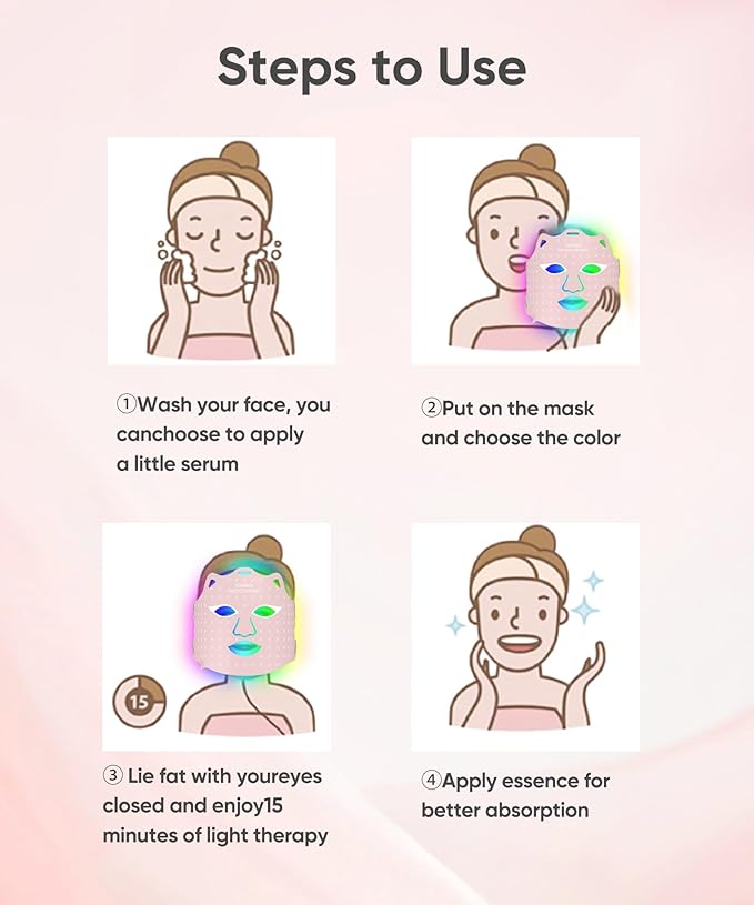 LED Light Therapy Mask, Red Light Therapy for Face - Red Light for Anti-Aging & Wrinkles, Blue for Acne, IR for Deep Repair, At-Home Device, FDA Cleared, Portable & Rechargeable, Pink