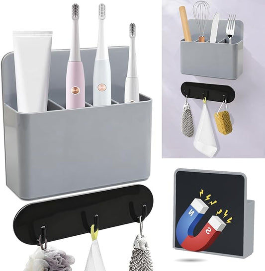 Magnetic Toothbrush Holder with Hook Rack for Cruise Ships, Grey Wall Mounted Detachable Grid Toothbrush Organizer with Magnetic Hooks, Cruise Bathroom Essentials Travel Accessories