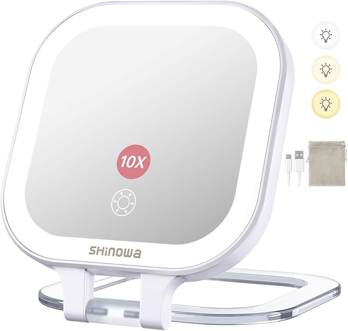 Shinowa Rechargeable Travel Makeup Mirror with 44 LED Lights, 1X/10X Magnifying Vanity Mirror with 3 Color Light, Folding Stand, 4 Inch Portable Dimmable Double Sided Compact Lighted Mirror, White