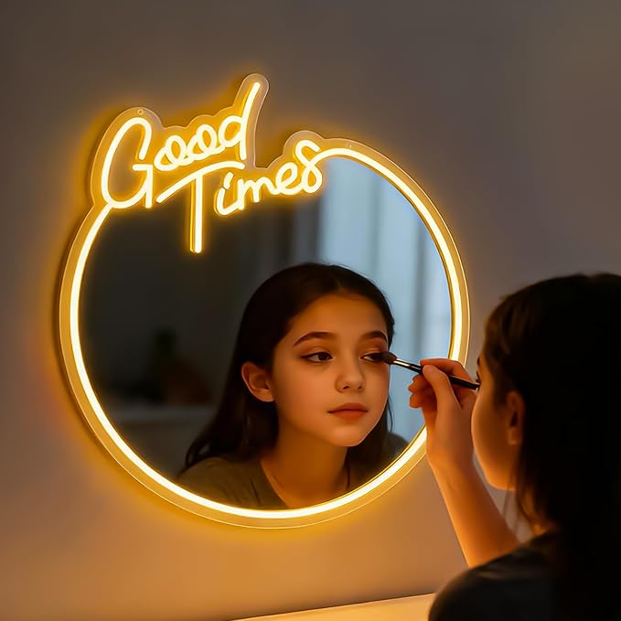 Good Times Neon Sign Mirror, Retro Dimmable Circle Wall Decor with Warm White Light, USB Powered Acrylic Mirror for Bedroom, Living Room
