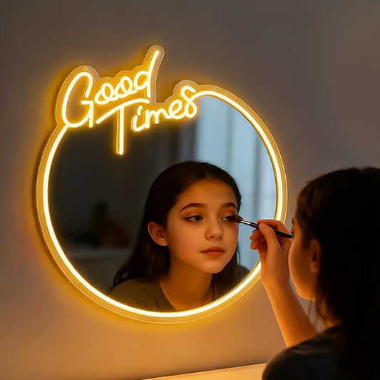 Good Times Neon Sign Mirror, Retro Dimmable Circle Wall Decor with Warm White Light, USB Powered Acrylic Mirror for Bedroom, Living Room
