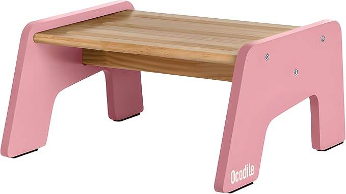 OCODILE 1-Step Wooden Step Stool for Toddlers | Kids Step Stool for Bathroom Sink, Kitchen, and Potty Training | Non-Slip Stool for Toilet Independence | Wooden Step for Children Ages 2+ Pink