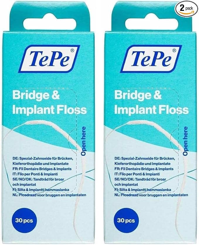 TePe Bridge and Implant Floss for Dental Implants, Bridges, and Braces, Dental Flossers, 30 Pieces (Pack of 2)