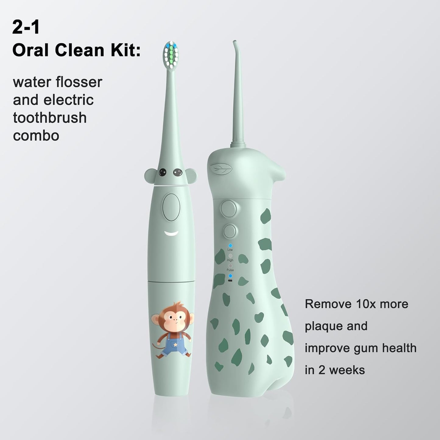 2-1 Kids Oral Clean Kit- Water Dental flosser & Electric Toothbrush Combo for Kids-Brushing & Flossing-Safe & Effective -Cute Giraffe and Monkey Theme
