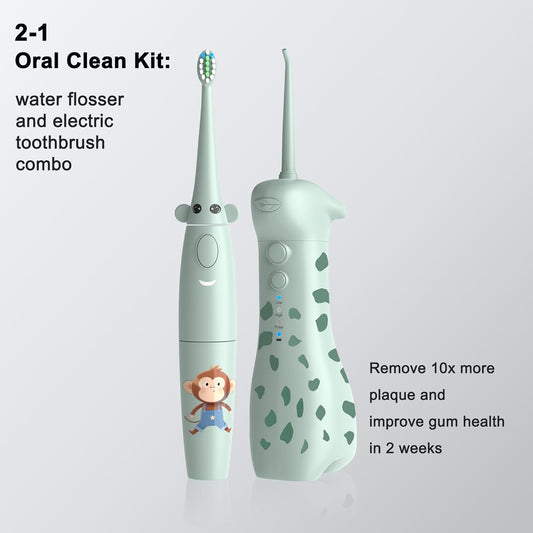 2-1 Kids Oral Clean Kit- Water Dental flosser & Electric Toothbrush Combo for Kids-Brushing & Flossing-Safe & Effective -Cute Giraffe and Monkey Theme