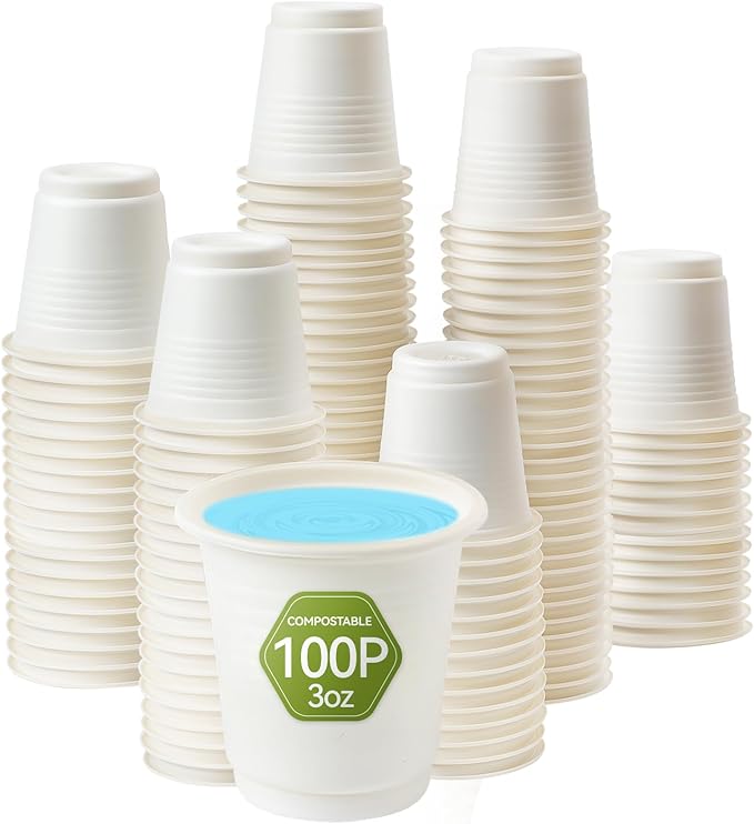 Compostable Disposable 3oz Bathroom Cups 100P Mouthwash Eco Friendly Plastic Paper Cups Biodegradable Bath Rinse Medicine Urine, Replace Mini Small Bathroom Cup 3 oz Paper Plastic Cup
