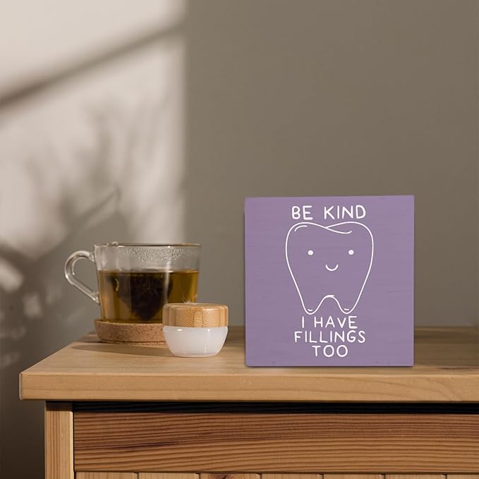 Dental Decor Wooden Signs,Purple Dental Hygienist Wooden Box Sign,Funny Dentist For Home Office Shelf Table Decor 5x5 Inches,Dental School Gift, Dentist Gifts