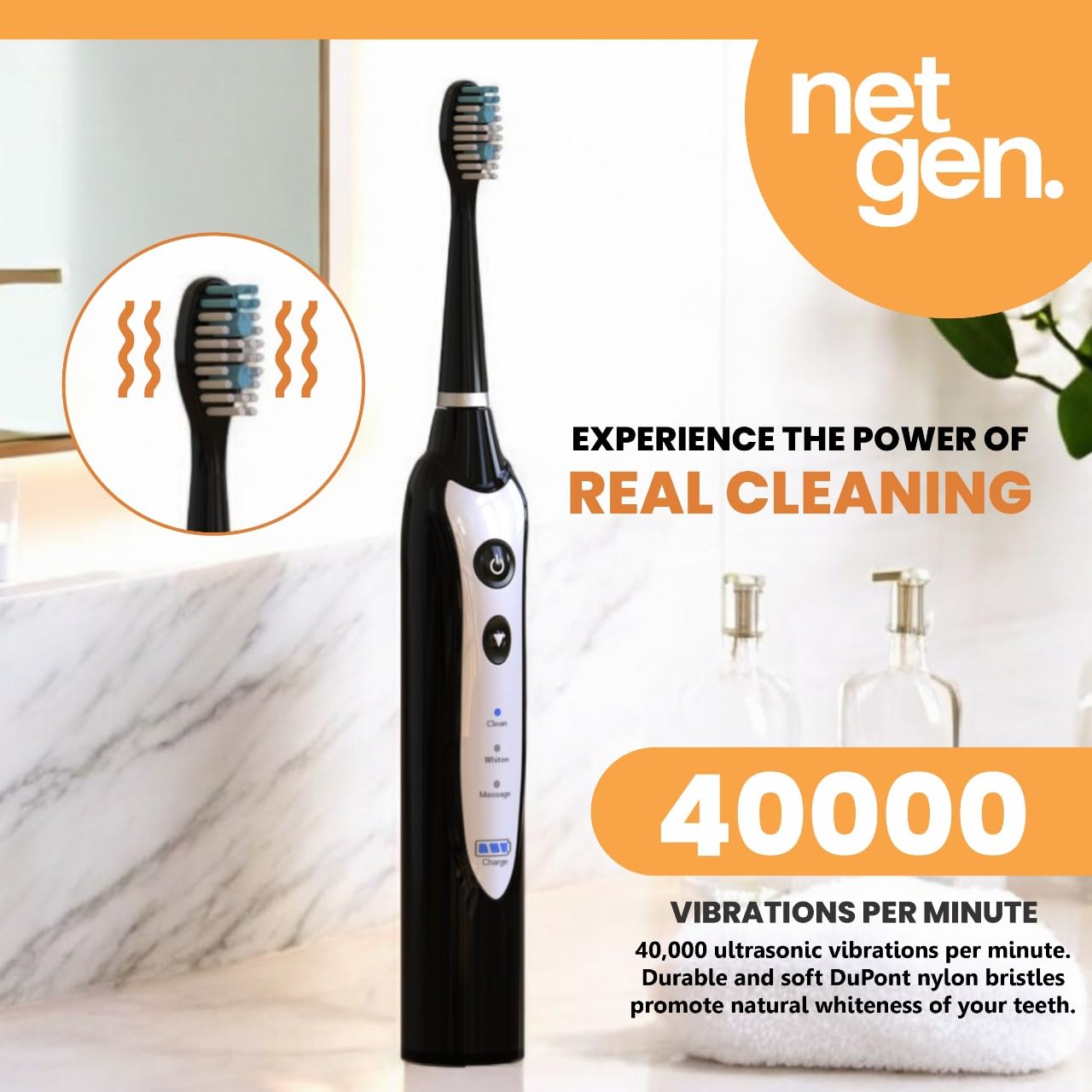 Sonic Electric Toothbrush for Adults with 5 Toothbrush Replacement Heads, 3 Brushing Modes & 2 Minutes Built-in Timer, Travel Toothbrushes with Inductive Charging, Rechargeable toothbrush | Black
