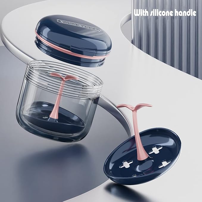 MURRI&MURRDI Denture Bath Case Holder with Mirror & Strainer Basket, Retainer Mouth Guard Soak Container Box, Braces Cleaner Cup, Travel Cleaning Storage for Invisalign Aligners Dental, Dark Blue