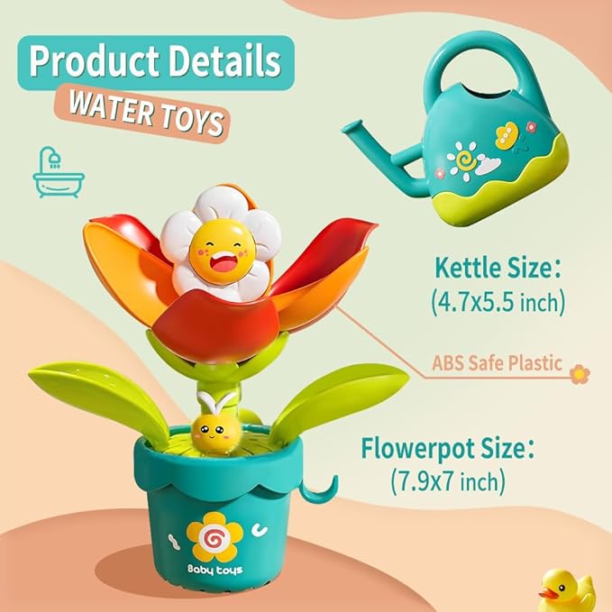 Baby Bath Toy Flower Watering Can Pool Bath Tub Toy with Strong Suction Cup for Baby Age 3+ Years Old Toddlers Boys Girls, BPA Free, Kids Shower Gifts
