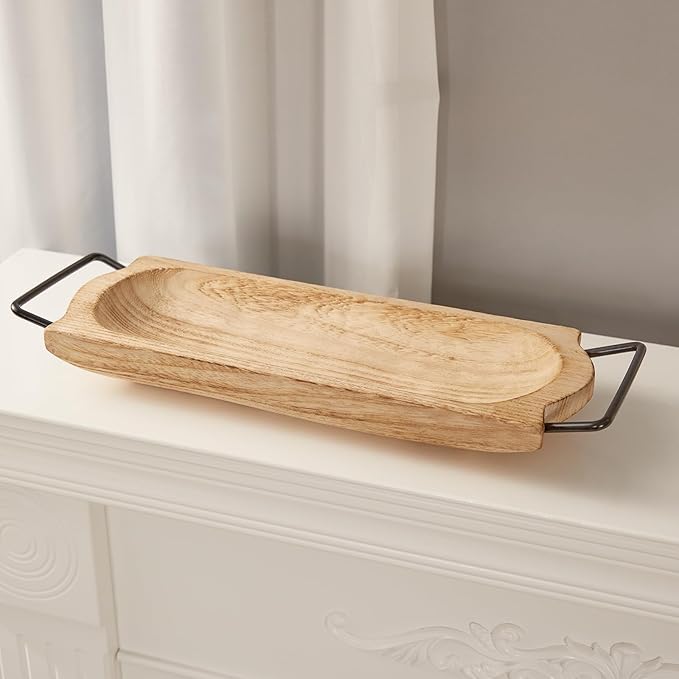 DN DECONATION Wooden Decorative Ottoman Tray with Handles, Rustic Rectangular Wood Tray for Coffee Table Bathroom, Candle Trays for Home & Living Room Decor Farmhouse Perfume Trinket Organizer