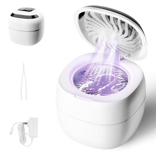 Retainer Cleaner ultrasonic，45kHz 180ml ultrasonic cleaner, cleaning and drying functions with Digital Timer，Retainer Cleaner Machine for Dentures, Mouth Guards, Braces, Jewelry (white)