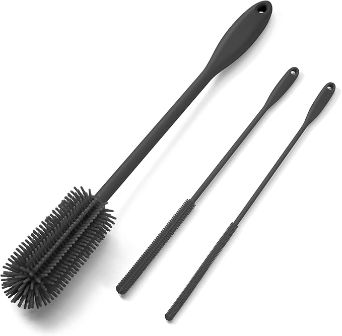 3-in-1 Silicone Bottle Brush and Straw Cleaning Brush Set, Water Bottle Cleaner for Narrow Neck Containers, Tumblers, Flask, Vase and Glassware (Charcoal)