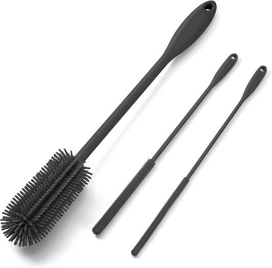 3-in-1 Silicone Bottle Brush and Straw Cleaning Brush Set, Water Bottle Cleaner for Narrow Neck Containers, Tumblers, Flask, Vase and Glassware (Charcoal)