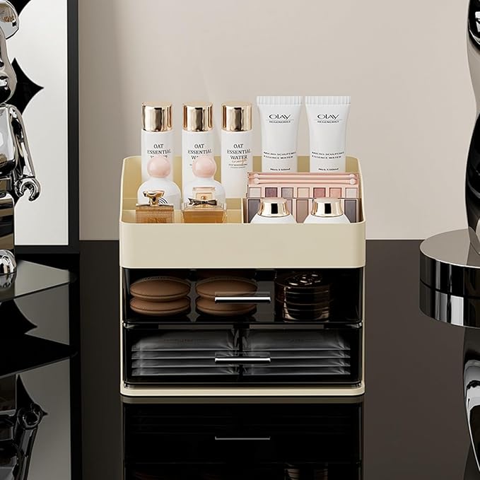 Makeup Organizer for Vanity,Vanity Organizer with 2 Drawers,Makeup&skincare Organizers Countertop,Cosmetic Display Case,Vanity Storage Box(Cream)