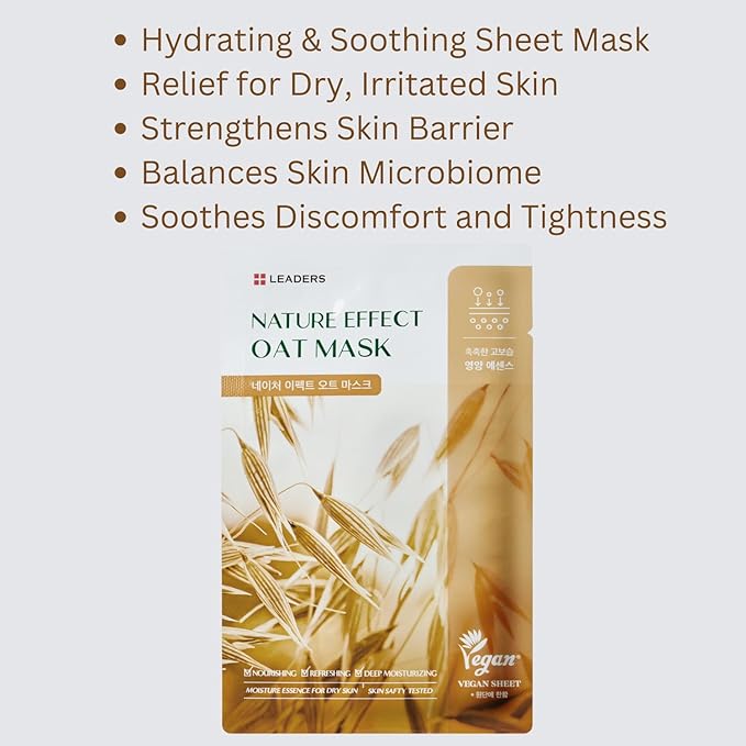 LEADERS Nature Effect Oat Mask - Hydrating & Soothing Face Mask for Dry, Irritated Skin | Nourishes, Soothes, Dryness with Oat Extract | Serum Content, Vegan Certified - 10 Sheets