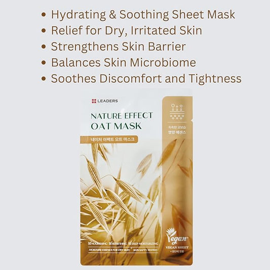LEADERS Nature Effect Oat Mask - Hydrating & Soothing Face Mask for Dry, Irritated Skin | Nourishes, Soothes, Dryness with Oat Extract | Serum Content, Vegan Certified - 10 Sheets