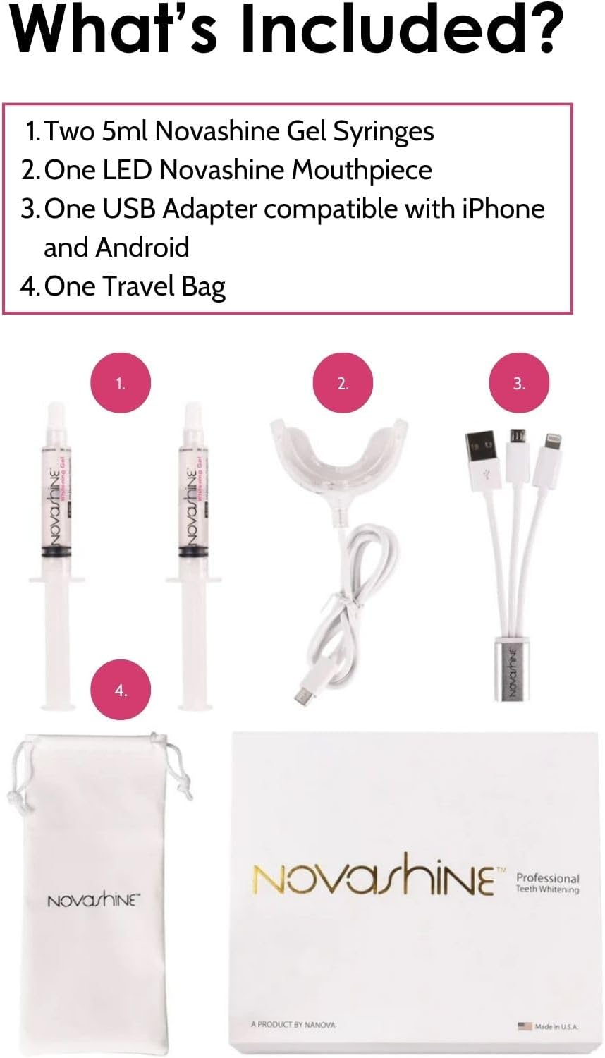 Novashine Professional Teeth Whitening Kit: Advanced Blue LED Light, Concentrated Peroxide Gel, Smartphone Adapter, Travel Bag