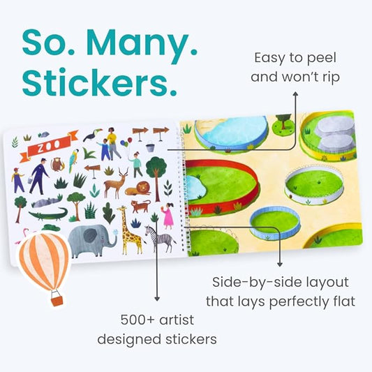 CUPKIN Sticker Book for Kids 2-4, 500+ Kids Stickers, All Around Town 12 Coloring Pages, 12 Side by Side Scenes, Fun Toddler Travel Activity Coloring and Sticker Books for Ages 4-8 + 8-10