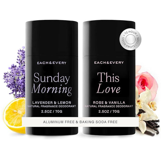 Each & Every Aluminum Free Deodorant for Women & Men, Lavender & Lemon + Rose & Vanilla - All Natural Deodorant for Sensitive Skin, EWG Verified - Clean, Baking Soda-Free, Plant-Based - 2.5oz, 2 Pack