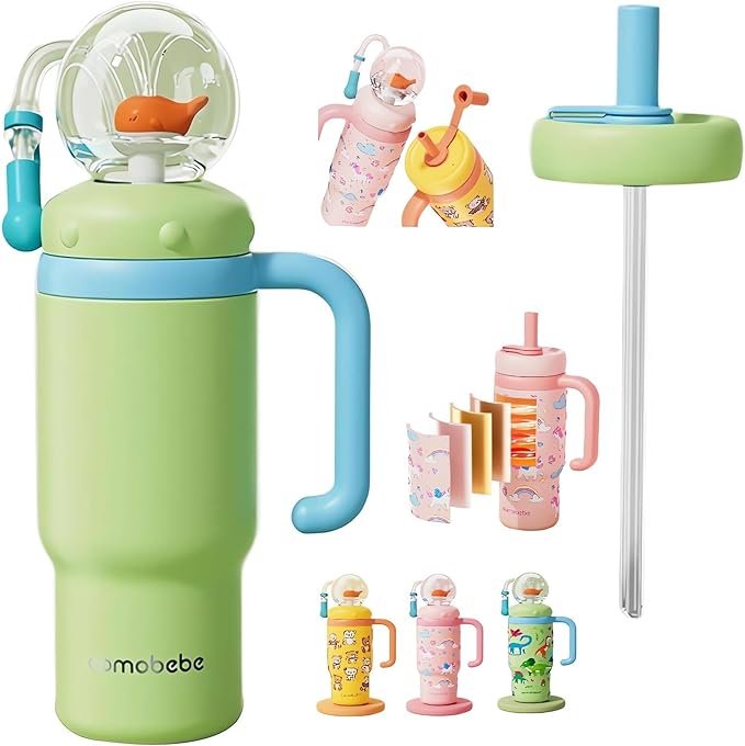 Stainless Steel Whale Fountain Tumbler with Handle 2025 Drinking Cup with Whale Squirt Insulated Travel Tumblers Kids Weighted Sippy Cup No Spill Cute Water Bottle with Lids and Straws Leak Proof (A6)