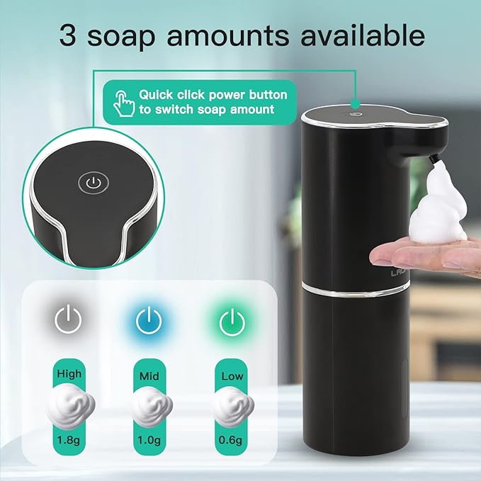 LAOPAO Automatic Foaming Hand Soap Dispenser Touchless Foam Soap Dispenser Rechargeable Bathroom Countertop Soap Pump for Kids Xmas Gift 300ml-BLACK
