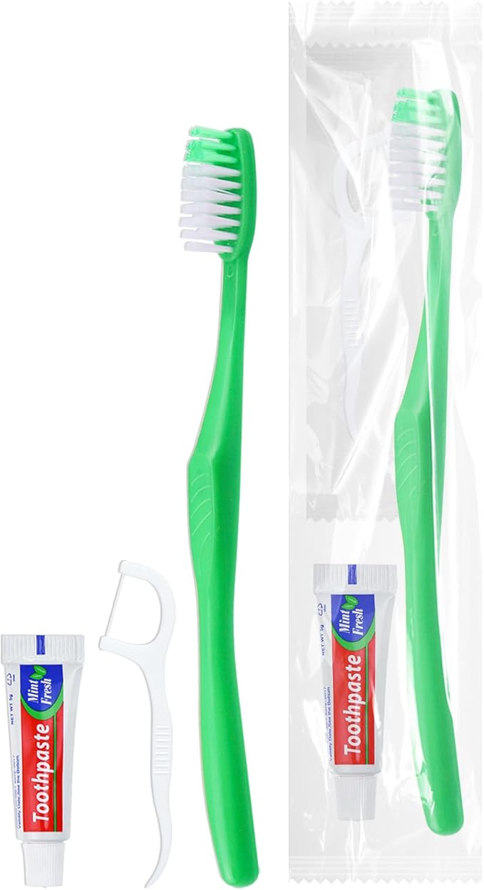 Disposable Toothbrushes with Toothpaste and Floss,200Pcs Green Single Use Individually Wrapped Disposable Travel Toothbrushes and Dental Floss Kit Bulk for Homeless,Airbnb,Hotel,Dentist