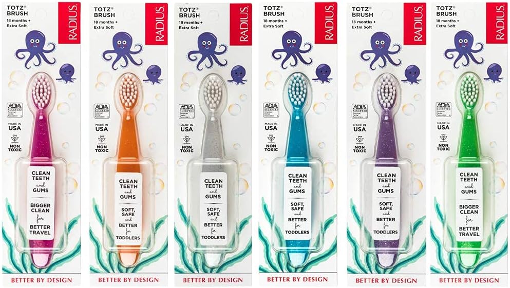 RADIUS Children's Toothbrush, Totz Brush, Extra Soft Bristles, Assorted Colors, BPA Free & ADA Accepted, Designed for Delicate Teeth & Gums for Children 18 Months & Up, Pack of 6