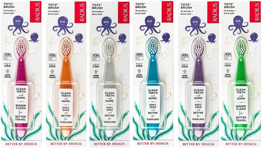 RADIUS Children's Toothbrush, Totz Brush, Extra Soft Bristles, Assorted Colors, BPA Free & ADA Accepted, Designed for Delicate Teeth & Gums for Children 18 Months & Up, Pack of 6