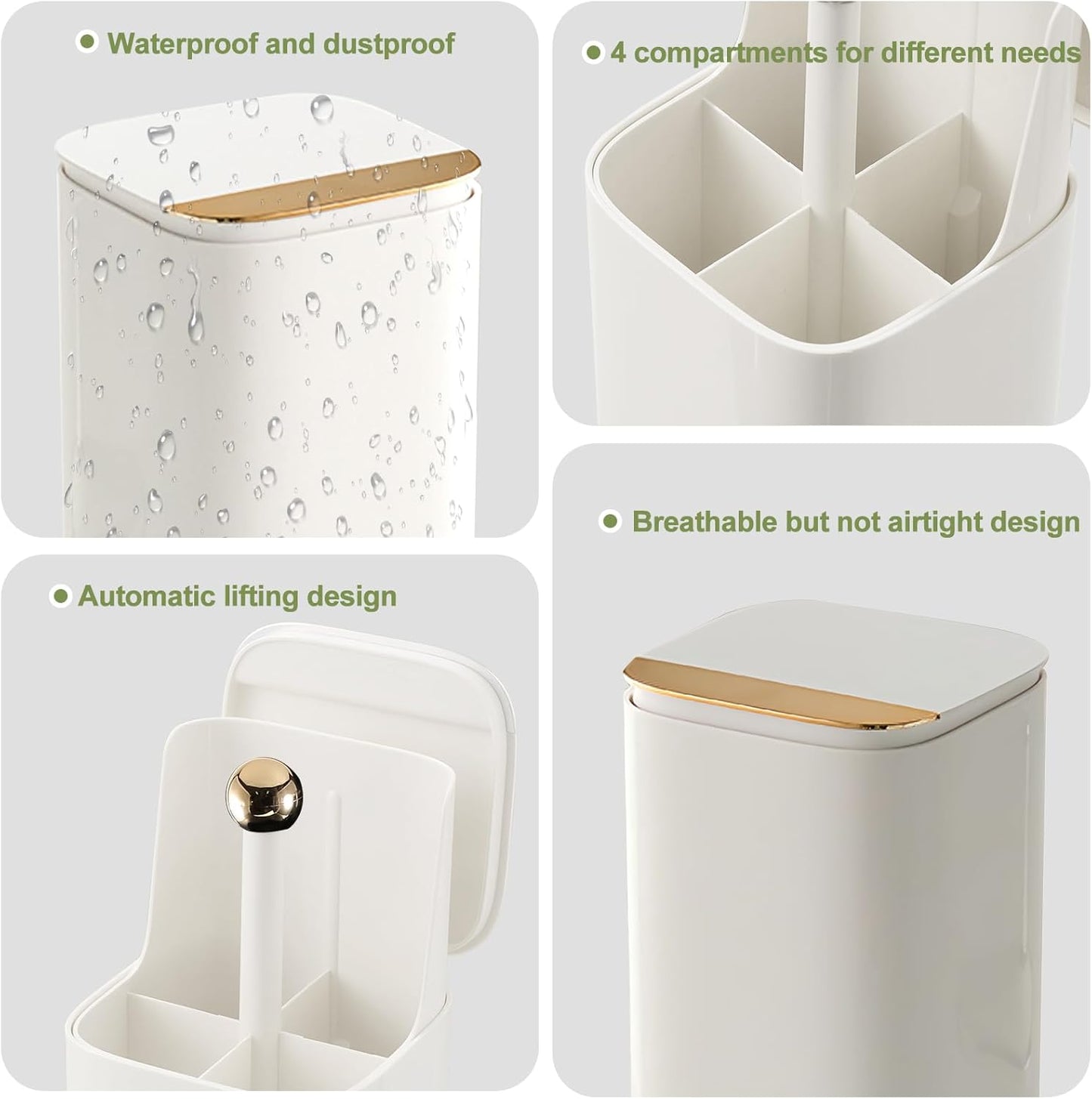 DASITON Makeup Brush Holder with Lid,4 Slots Makeup Brush Organizer,Automatic Lifting Makeup Cosmetics Organizer,for Vanity Decor,Bathroom Countertop,Dustproof Cosmetic Brushes Container(White)