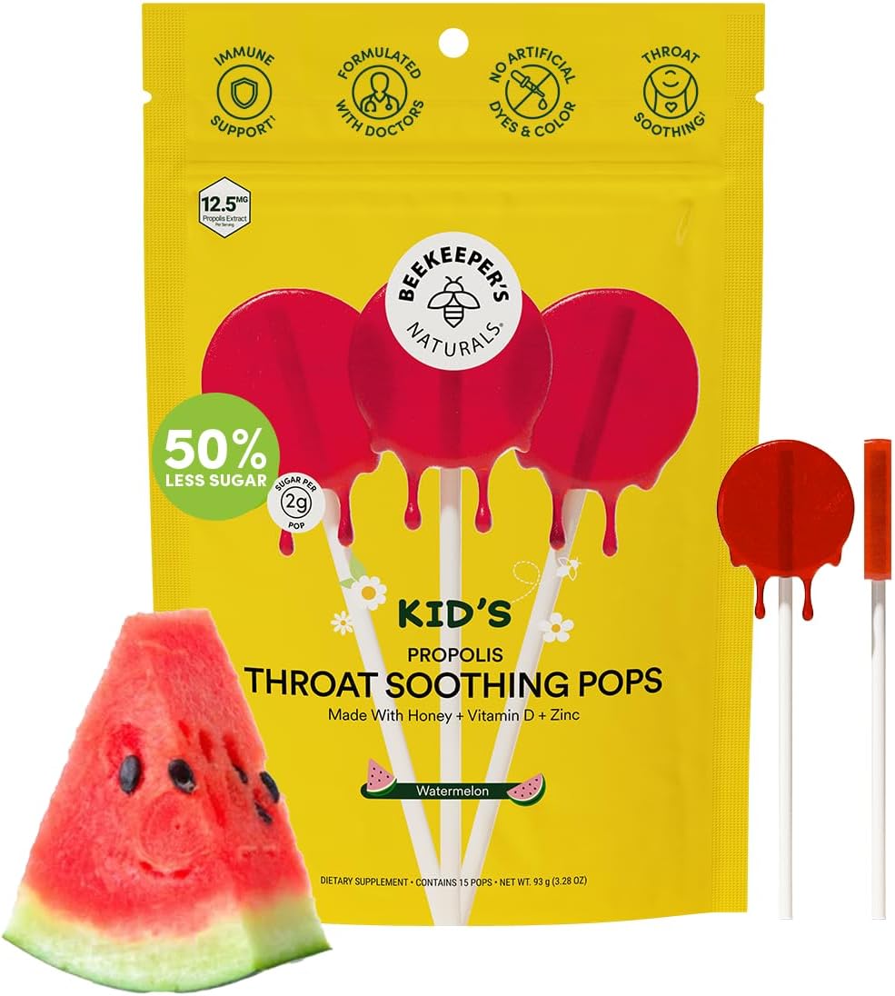 Kids Throat Soothing Watermelon Lollipops, by Beekeeper's Naturals - Doctor Formulated Immune Support, under 2g Sugar, Vitamin D & Honey, 15 ct