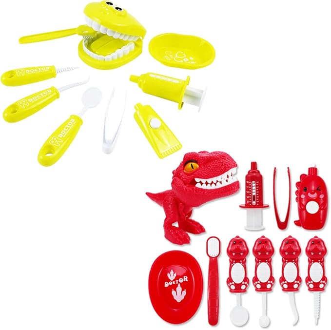 Bundle 19PCS = 9PCS Plastic Simulation Dentist Play Set （Yellow） + 10PCS Plastic Dinosaur Simulation Dentist Play Set (Red)