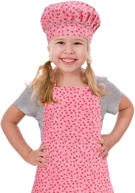 Kids Apron and Chef Hat Set, Adjustable Cotton Child Aprons with 2 Pockets Cute Girls Boys Kitchen Bib Aprons for Cooking Baking Painting