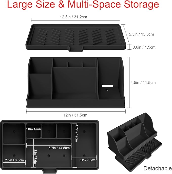 Large Toothbrush and Toothpaste Holder with Drain Tray, Black Silicone Shower Bathroom Vanity Organizer, 7 Compartments Bathroom Organizer Countertop Toothbrush Caddy