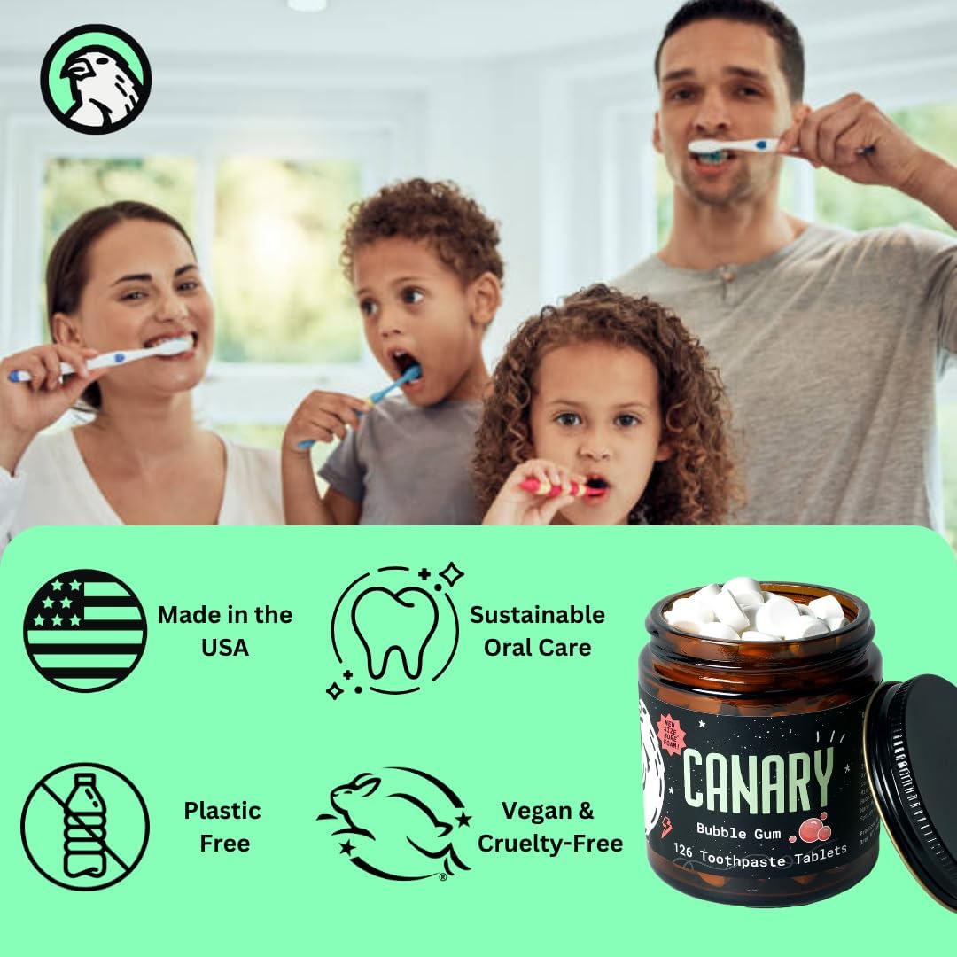 Canary Nano Hydroxyapatite Toothpaste Tablets Bubble Gum - Remineralizing, Fluoride Free, All Natural Tabs with Xylitol - Great for Kids, Plastic Free - 126 Count