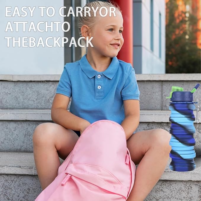 Silicone Collapsible Water Bottles, 16oz 500ml Portable Foldable Expandable Water Bottle Sports Cups, Leak Proof Reusable BPA Free, for Outdoor Activities Travel (2# Blue)